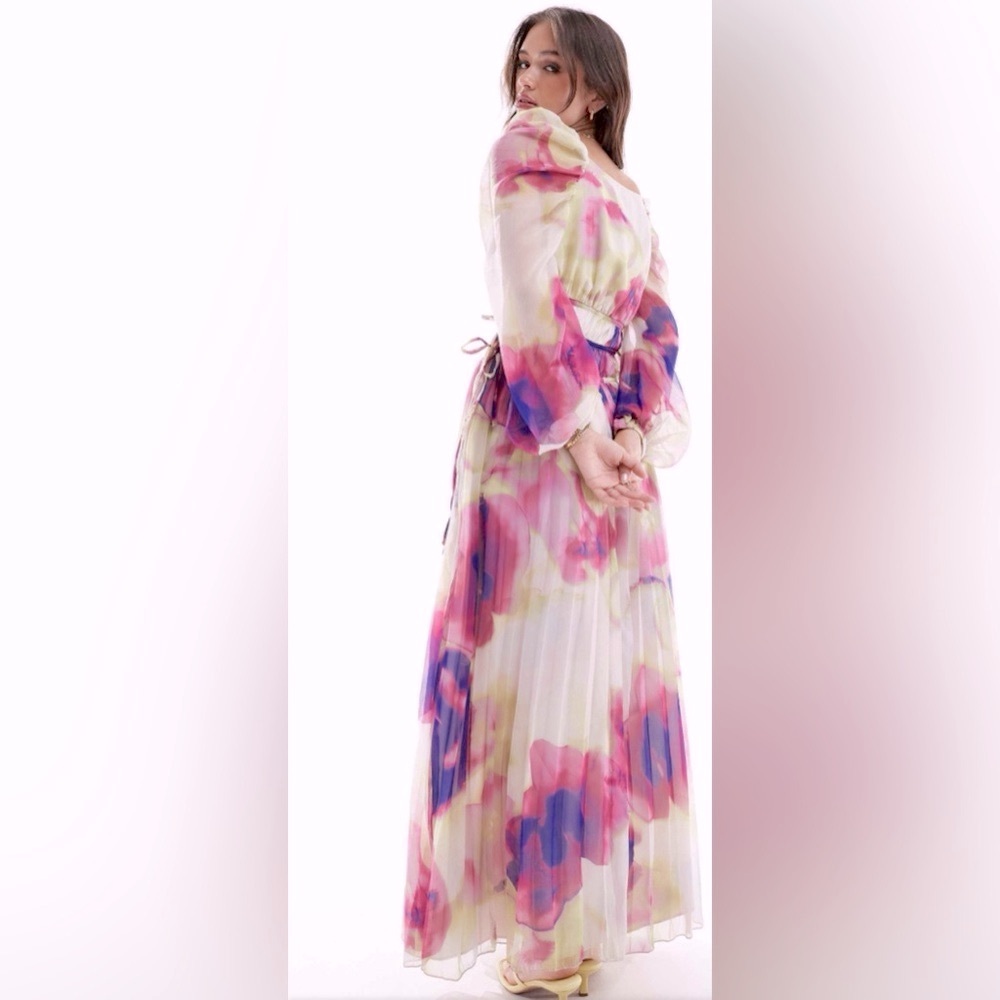 ASOS DESIGN Long Sleeve Pleated Drawstring Bodice Maxi Dress Watercolor Chiffon - Picture 5 of 10